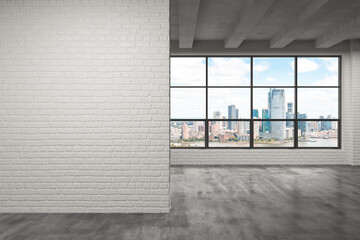Downtown New Jersey City Skyline Buildings from High Rise Window. Beautiful Expensive Real Estate. Empty room Interior. Mockup white wall. Skyscrapers View Cityscape. Day. 3d rendering. © VideoFlow