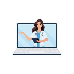 Online medical consultation and support. Online doctor. Healthcare services, Ask a doctor. Family female doctor, therapist with stethoscope on the laptop screen. People Seeking Medical Help