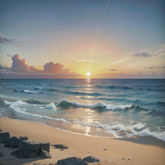 Enchanting beach sunset, where the sun gracefully dips below the horizon, painting the sky in vibrant hues, while waves gently caress the shore.