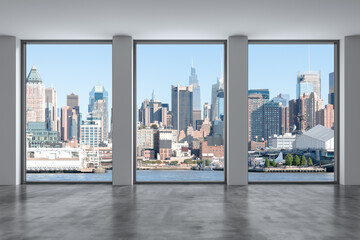 Fototapeta na wymiar Midtown New York City Manhattan Skyline Buildings from High Rise Window. Beautiful Expensive Real Estate. Empty room Interior Skyscrapers View Cityscape. Day time. west side. 3d rendering.