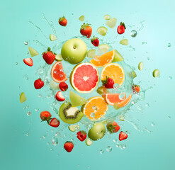 Fruits in splash, concept of combination  fresh fruits  kiwi, watermelon, apple,  orange, strawberry, mint, vegetables in vivid colors, pastel green background  