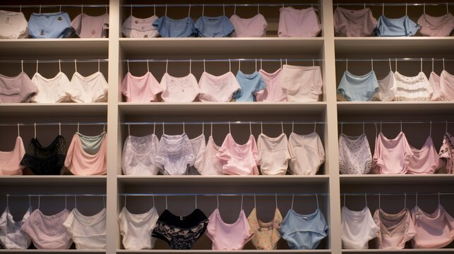 A photo row of neatly organized underwear and lingerie in various styles. created with Generative AI technology