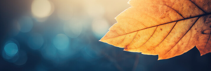 Colorful autumn leaf against blurred background. Panoramic banner with fall colors. Minimalist composition