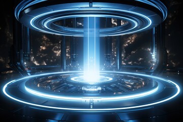 Fototapeta na wymiar Blue teleport. Futuristic teleportation podium or portal, a conceptual illustration of a time machine in a neon-lit space station