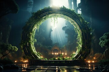 Exploring nature gate, teleport portal in forest, walking into a parallel universe for interstellar travel and cosmic adventure - obrazy, fototapety, plakaty