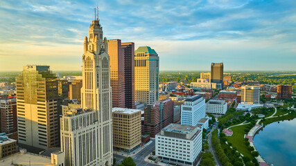 Columbus Ohio heart of downtown aerial at sunrise with iconic skyscrapers and Scioto River
