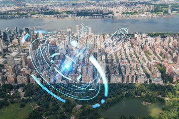 Naklejka na ściany i meble Aerial panoramic helicopter city view of Upper West Side Manhattan neighborhoods and Central Park, New York, USA. Startup company, launch project to seek and develop scalable business model, hologram