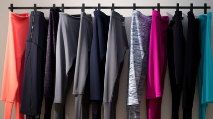 A row of neatly arranged workout leggings and yoga pants. created with Generative AI technology