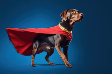 Portrait of superhero dog wearing red cape, jumping like a super hero, isolated on studio background