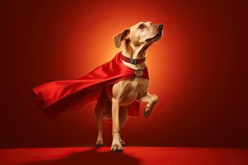 Portrait of superhero dog wearing red cape, jumping like a super hero, isolated on studio background