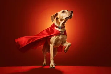 Rolgordijnen Portrait of superhero dog wearing red cape, jumping like a super hero, isolated on studio background © iridescentstreet