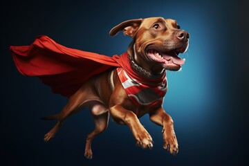 Portrait of superhero dog wearing red cape, jumping like a super hero, isolated on studio background