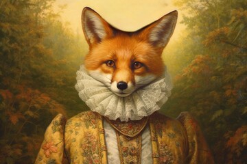 Fox renaissance art portrait, medieval oil painting - obrazy, fototapety, plakaty