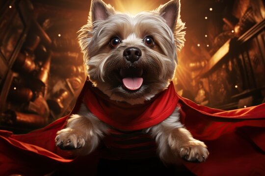Portrait of superhero dog wearing red cape, jumping like a super hero