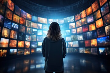 Woman watching smart TV wall, displaying many streaming channels and online media, entertainment and technology concept - obrazy, fototapety, plakaty
