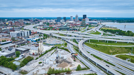 Louisville Kentucky Aerial over quarry suspended highway roads downtown skyscraper skyline - obrazy, fototapety, plakaty