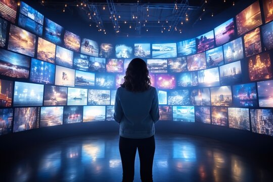 Woman watching smart TV wall, displaying many streaming channels and online media, entertainment and technology concept