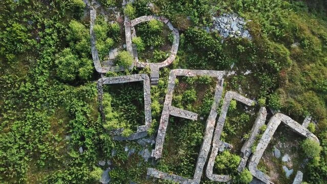 Aerial shot over old settlement.