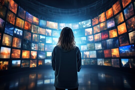 Woman watching smart TV wall, displaying many streaming channels and online media, entertainment and technology concept