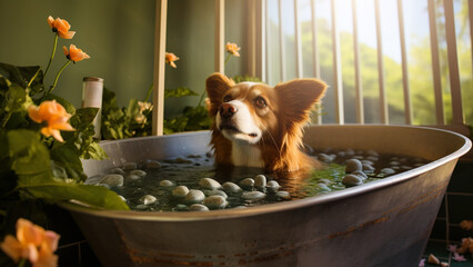 Happy dog enjoying luxury spa bath in tropical resort, funny pet grooming, relaxation in bathtub, wellness therapy