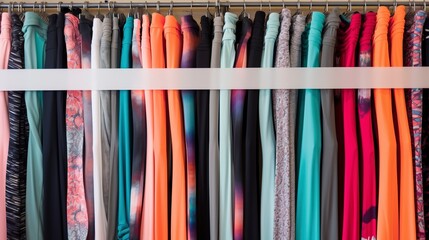 A row of neatly organized leggings and yoga pants. created with Generative AI technology