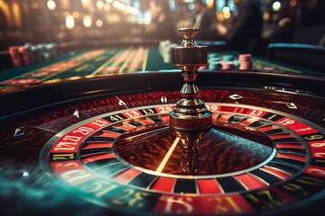 Luxury casino, exciting roulette wheel game, people gambling for wealth
