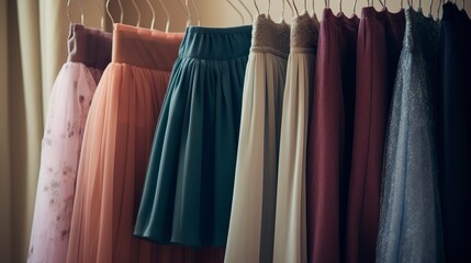 A row of neatly organized skirts and dresses in different lengths. created with Generative AI technology