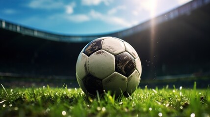 Soccer ball on stadium. Football match on green grass field, sport arena under blue sky