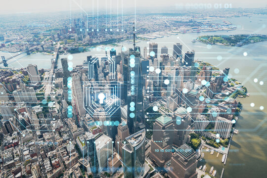 Aerial panoramic helicopter city view, Lower Manhattan, Downtown, New York, USA. World Trade Center, bridges. The concept of cyber security to protect confidential information, padlock hologram