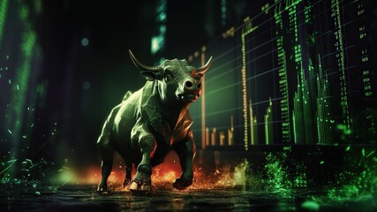 Bull market concept with green stock chart: growth, recovery and rising trends in global finance, investment and trade