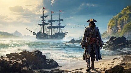 Fototapeta premium Pirate captain stands on a tropical island, looking at his ship at sea