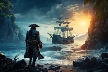 Pirate captain stands on a tropical island, looking at his ship at sea - obrazy, fototapety, plakaty