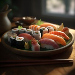 Photorealistic image of a colorful sushi platter, with vibrant slices of fish and delicate rolls. Generative AI