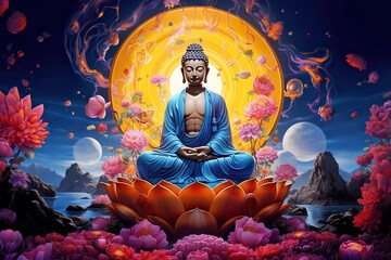 Meditating buddha statue in lotus pose, peaceful spiritual healing art