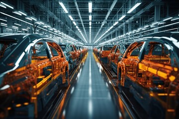 Modern car manufacturing factory, automobile assembly line, automotive industry, robotics in vehicle production, auto parts and machinery, engineering and technology in plant