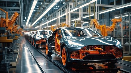 Naklejka premium Modern car manufacturing factory, automobile assembly line, automotive industry, robotics in vehicle production, auto parts and machinery, engineering and technology in plant