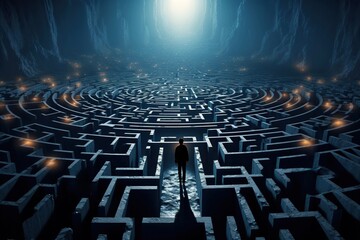 Man in surreal maze, facing labyrinth challenge, complex problem decision, strategy for success, concept of life obstacles and solutions - obrazy, fototapety, plakaty