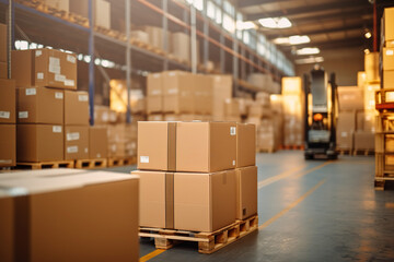 Automated smart warehouse with logistic technology, digital innovation in manufacturing, distribution of cardboard packages, retail delivery, parcel storage, shipping industry