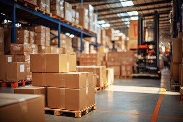 Automated smart warehouse with logistic technology, digital innovation in manufacturing, distribution of cardboard packages, retail delivery, parcel storage, shipping industry