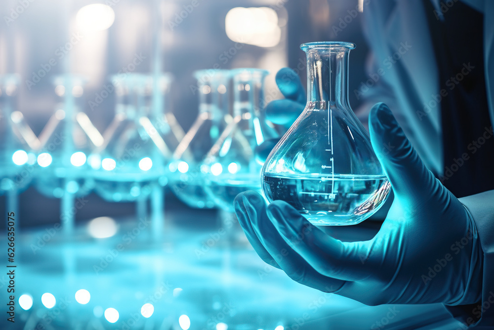 Wall mural scientist in laboratory analyzing blue substance in beaker, conducting medical research for pharmace