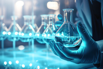 Scientist in laboratory analyzing blue substance in beaker, conducting medical research for pharmaceutical discovery, biotechnology development in healthcare, science and chemistry concept - obrazy, fototapety, plakaty