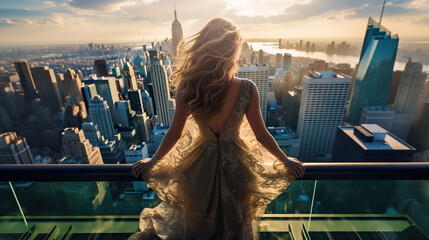 Successful woman standing on luxury balcony, back view of rich female silhouette at sunset in New York city