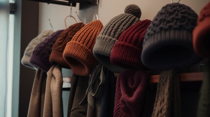 A selection of trendy hats and beanies displayed on hooks. created with Generative AI technology
