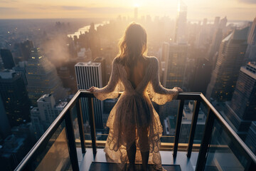 Successful woman standing on luxury balcony, back view of rich female silhouette at sunset in New York city - obrazy, fototapety, plakaty