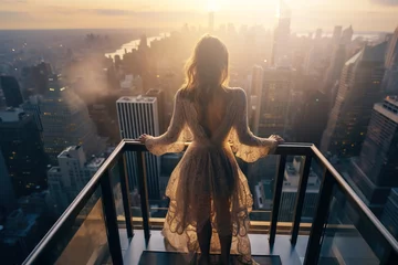 Fotobehang Manhattan Successful woman standing on luxury balcony, back view of rich female silhouette at sunset in New York city