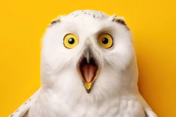 Fototapeten Studio portrait of surprised owl, isolated on yellow background © iridescentstreet