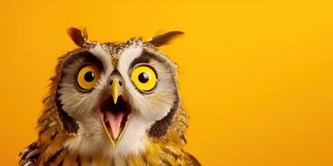 Tuinposter Studio portrait of surprised owl, isolated on yellow background © iridescentstreet