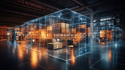 Futuristic digital warehouse using augmented reality: smart logistics, ecommerce and delivery concept in modern industry
