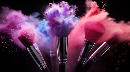 Makeup brushes with pink and purple powder explosion: colourful beauty splash, close-up of cosmetic...