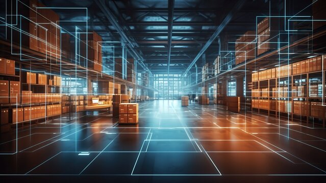 Futuristic digital warehouse using augmented reality: smart logistics, ecommerce and delivery concept in modern industry